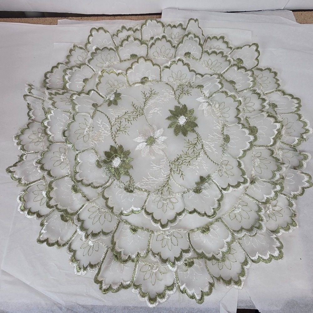 Vintage Style Sage Green Floral Embroidered Tiered Round Doily 15.5 Inch